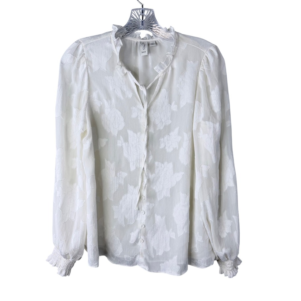 Joie Feminine Cream Floral Jacquard Blouse Ruffle Collar Cuffs Small Romantic